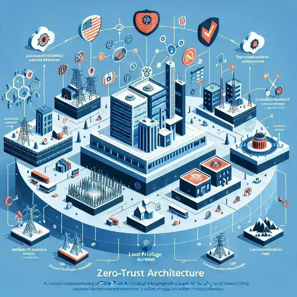 "Ilustrasi Zero-Trust Architecture dalam Infrastruktur Kritis Nasional, menunjukkan langkah-langkah keamanan siber yang diterapkan untuk melindungi data dan sistem, termasuk autentikasi berlapis dan identifikasi pengguna di lingkungan yang terhubung."