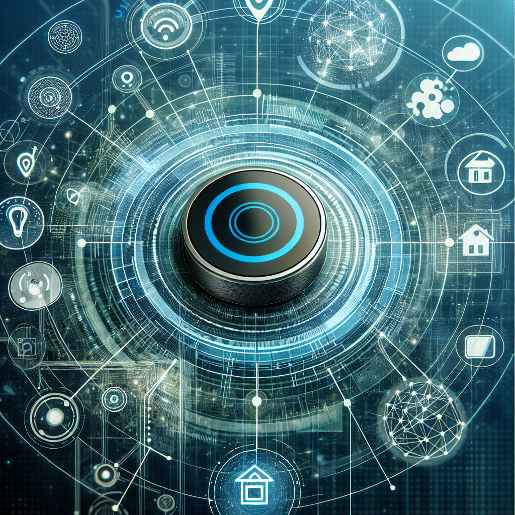 "Ilustrasi integrasi AirTags dengan sistem rumah pintar, menunjukkan perangkat Apple AirTags yang terhubung dengan berbagai gadget pintar di rumah, seperti lampu, kunci pintu, dan thermostat, dalam pengaturan modern dan futuristik."